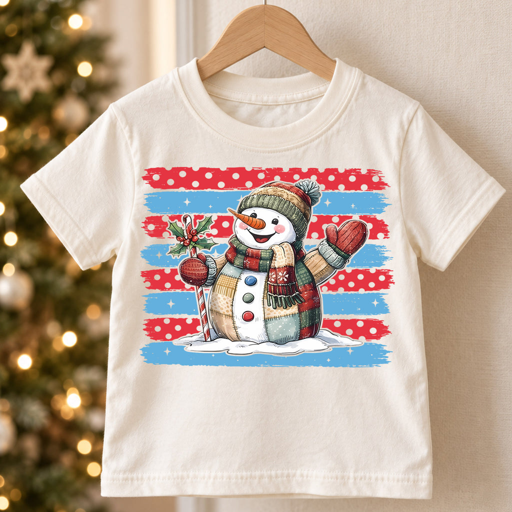 Vintage Snowman Christmas Shirt, Patriotic Brush Stroke Toddler Tee, Cute Winter Holiday Outfit, Xmas Kids Top, Gift Christmas Tee — product view 5