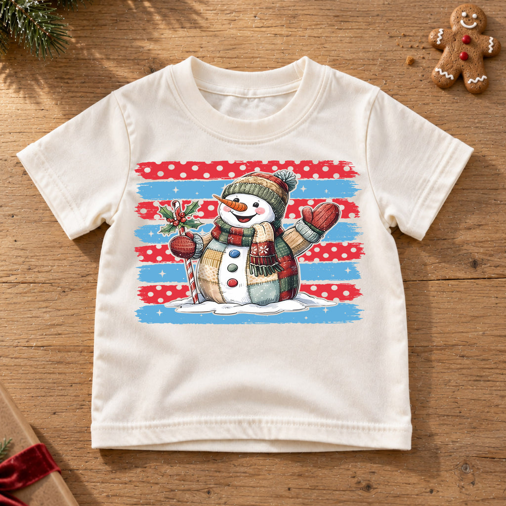 Vintage Snowman Christmas Shirt, Patriotic Brush Stroke Toddler Tee, Cute Winter Holiday Outfit, Xmas Kids Top, Gift Christmas Tee — product view 6