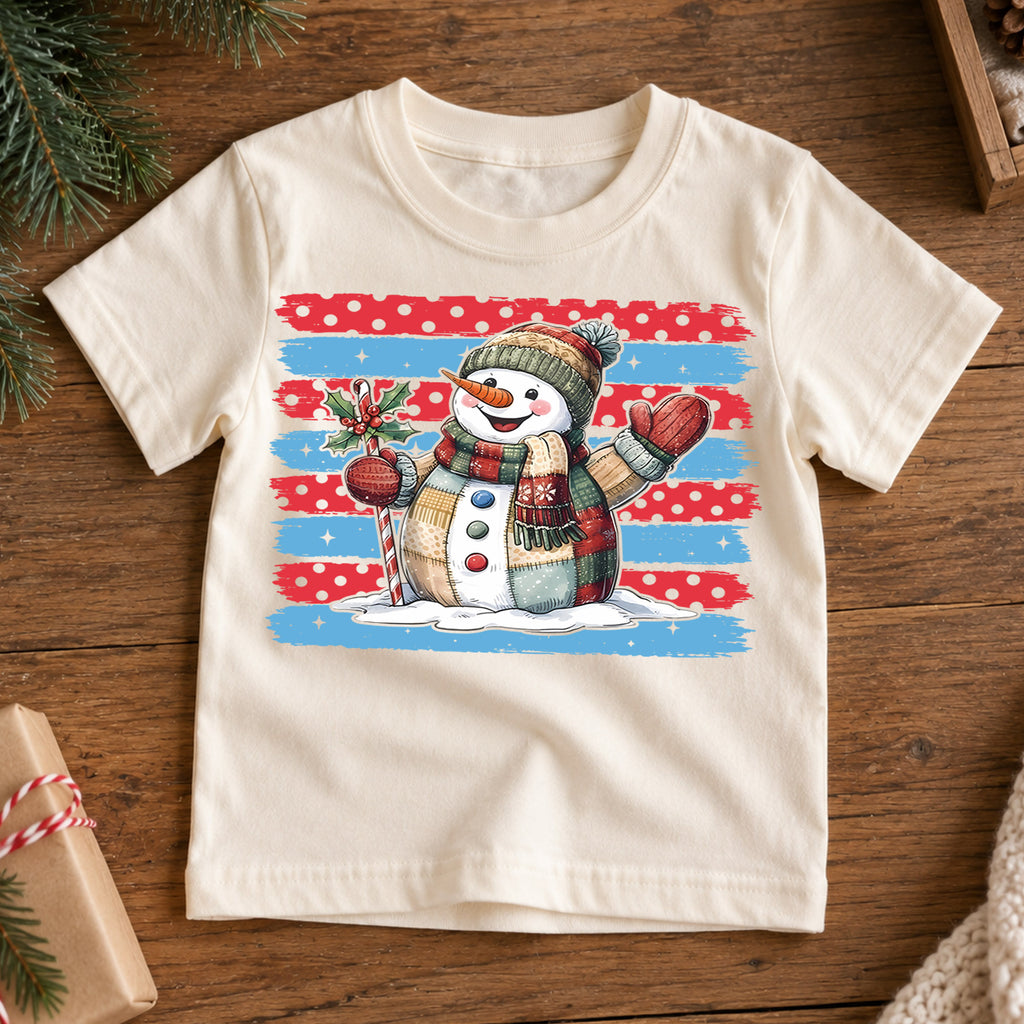 Vintage Snowman Christmas Shirt, Patriotic Brush Stroke Toddler Tee, Cute Winter Holiday Outfit, Xmas Kids Top, Gift Christmas Tee — product view 7