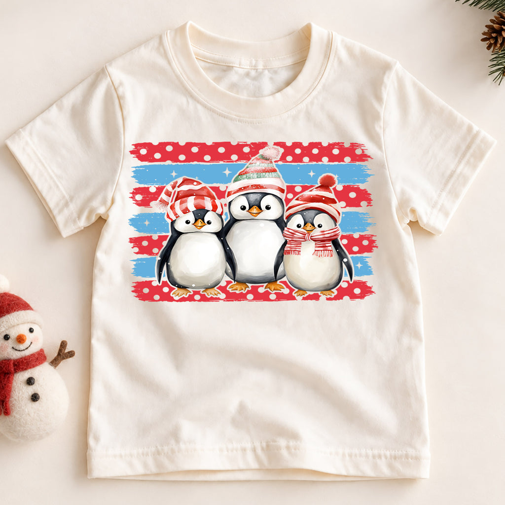 Cute Penguins Christmas Shirt, Toddler Winter Brush Tee, Festive Holiday Animals Outfit, Xmas Kids Top, Gift For Kids Christmas Tee — product view 2