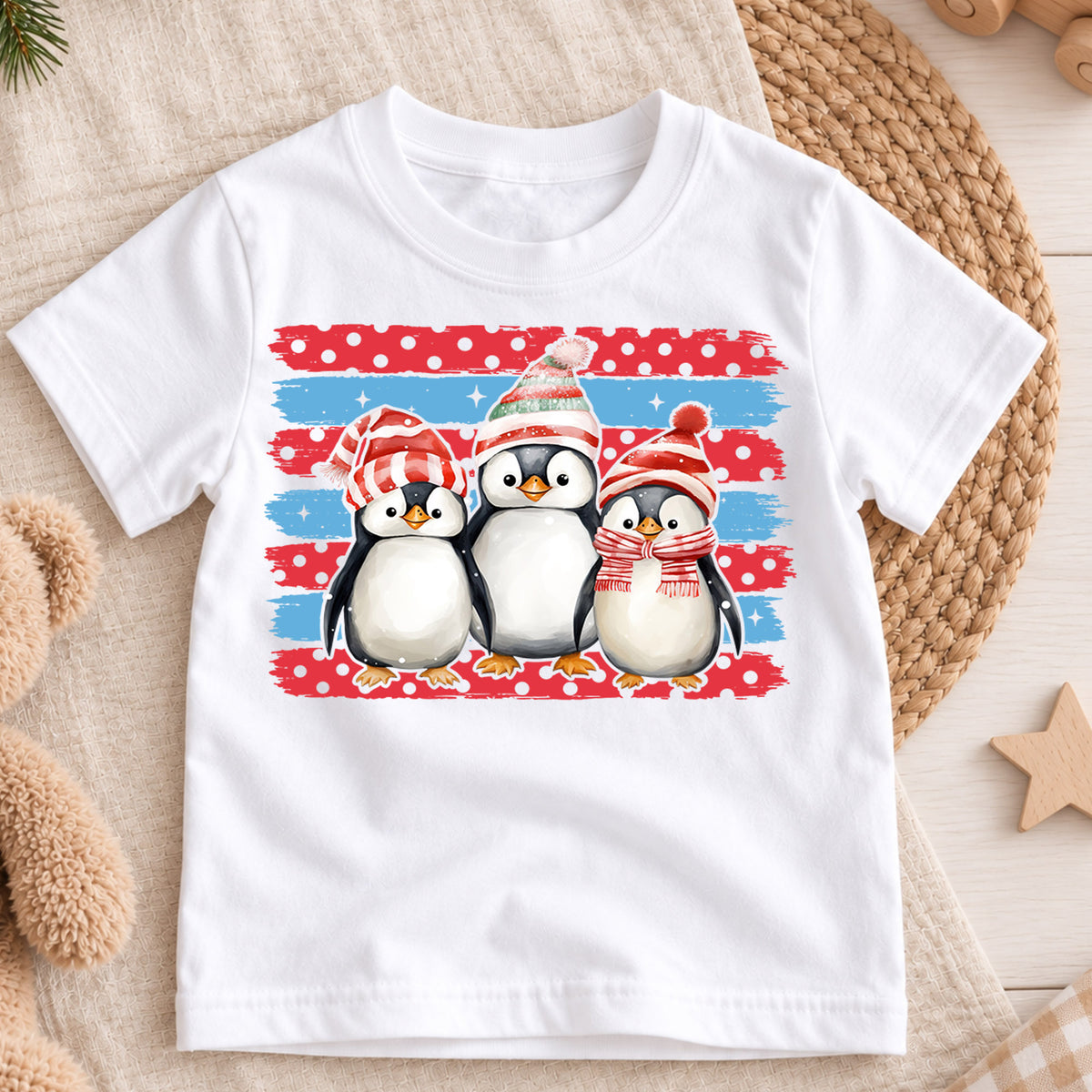 Cute Penguins Christmas Shirt, Toddler Winter Brush Tee, Festive Holiday Animals Outfit, Xmas Kids Top, Gift For Kids Christmas Tee — product view 3