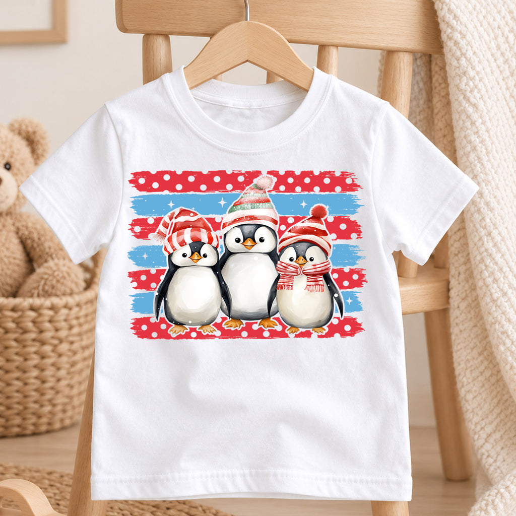 Cute Penguins Christmas Shirt, Toddler Winter Brush Tee, Festive Holiday Animals Outfit, Xmas Kids Top, Gift For Kids Christmas Tee — product view 4