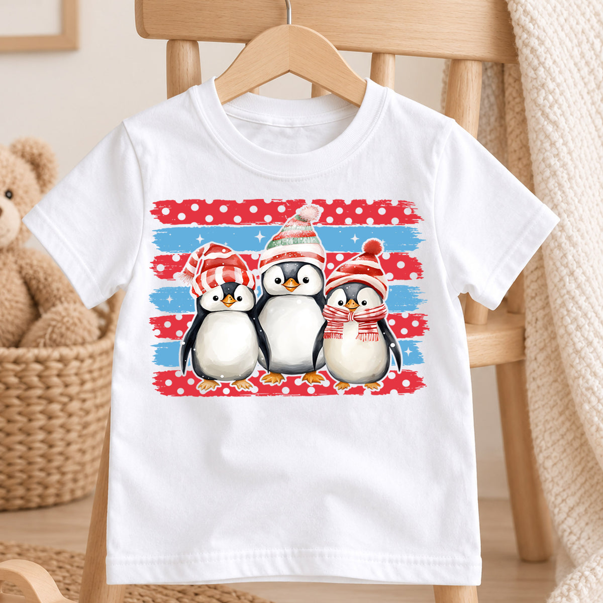 Cute Penguins Christmas Shirt, Toddler Winter Brush Tee, Festive Holiday Animals Outfit, Xmas Kids Top, Gift For Kids Christmas Tee — product view 4