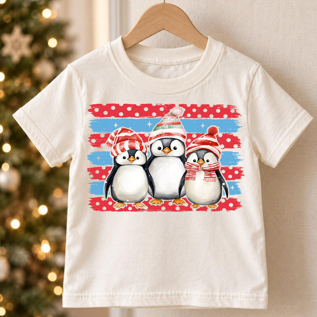 Cute Penguins Christmas Shirt, Toddler Winter Brush Tee, Festive Holiday Animals Outfit, Xmas Kids Top, Gift For Kids Christmas Tee — product view 5