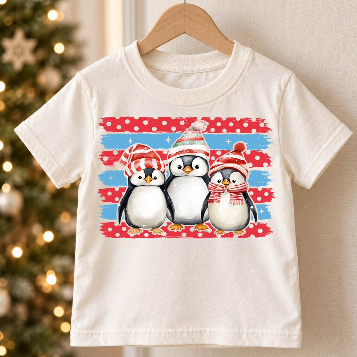 Cute Penguins Christmas Shirt, Toddler Winter Brush Tee, Festive Holiday Animals Outfit, Xmas Kids Top, Gift For Kids Christmas Tee — product view 5