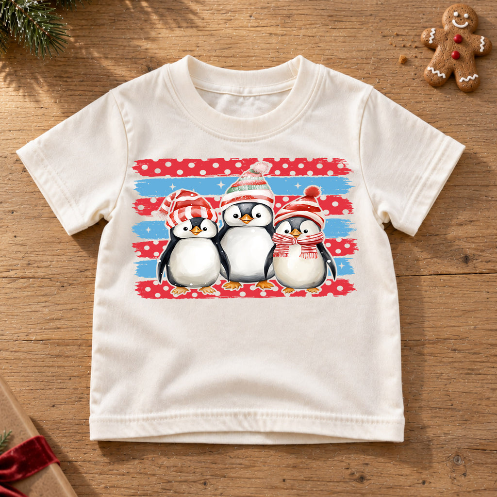Cute Penguins Christmas Shirt, Toddler Winter Brush Tee, Festive Holiday Animals Outfit, Xmas Kids Top, Gift For Kids Christmas Tee — product view 6