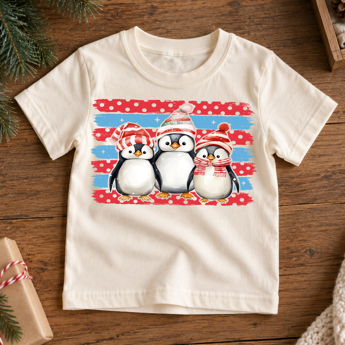 Cute Penguins Christmas Shirt, Toddler Winter Brush Tee, Festive Holiday Animals Outfit, Xmas Kids Top, Gift For Kids Christmas Tee — product view 7