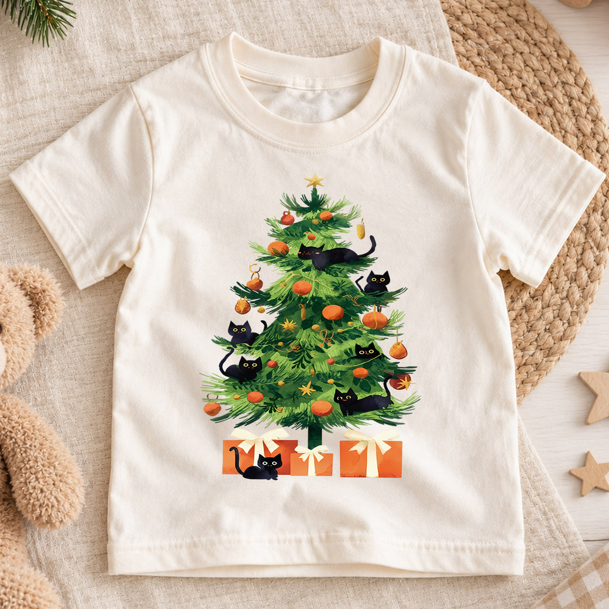 Black Cat Christmas Tree Shirt, Cute Kitty Holiday Tee, Festive Feline Xmas Kids Outfit, Winter Holiday Top, Gift For Cat Lovers Kids Tee — product view 1