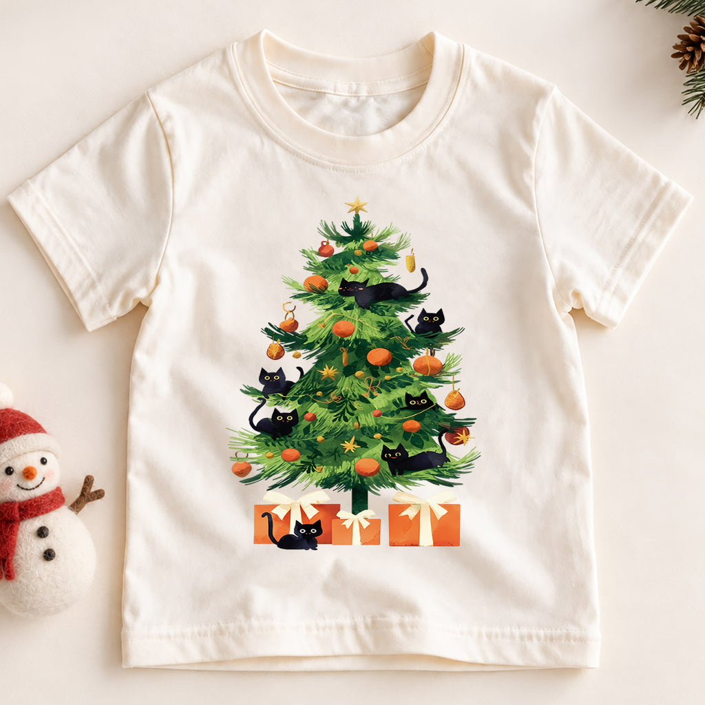 Black Cat Christmas Tree Shirt, Cute Kitty Holiday Tee, Festive Feline Xmas Kids Outfit, Winter Holiday Top, Gift For Cat Lovers Kids Tee — product view 2
