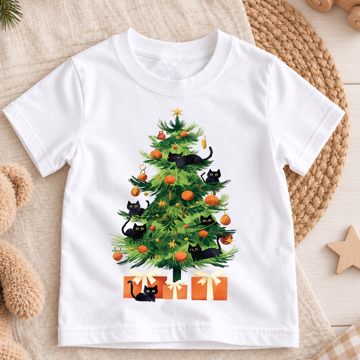 Black Cat Christmas Tree Shirt, Cute Kitty Holiday Tee, Festive Feline Xmas Kids Outfit, Winter Holiday Top, Gift For Cat Lovers Kids Tee — product view 3