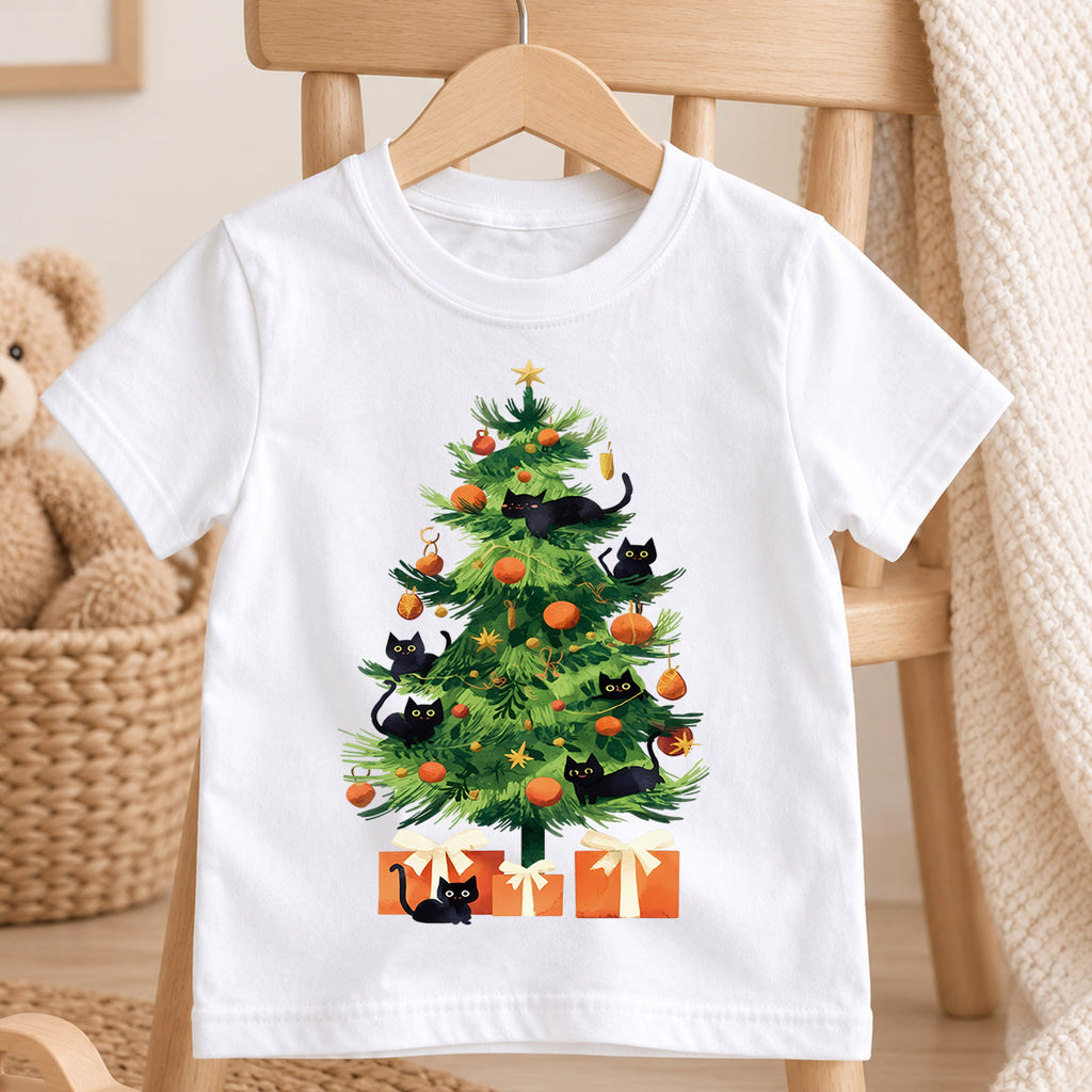 Black Cat Christmas Tree Shirt, Cute Kitty Holiday Tee, Festive Feline Xmas Kids Outfit, Winter Holiday Top, Gift For Cat Lovers Kids Tee — product view 4