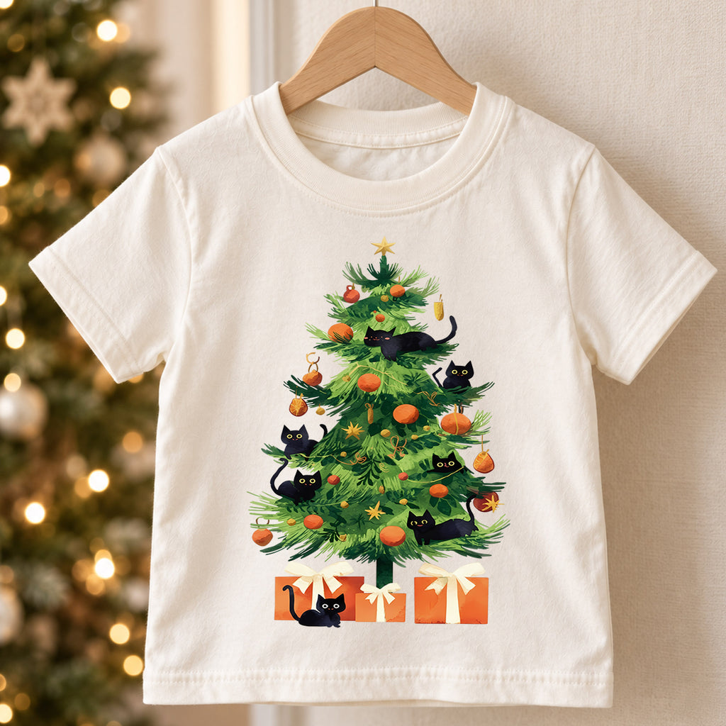 Black Cat Christmas Tree Shirt, Cute Kitty Holiday Tee, Festive Feline Xmas Kids Outfit, Winter Holiday Top, Gift For Cat Lovers Kids Tee — product view 5