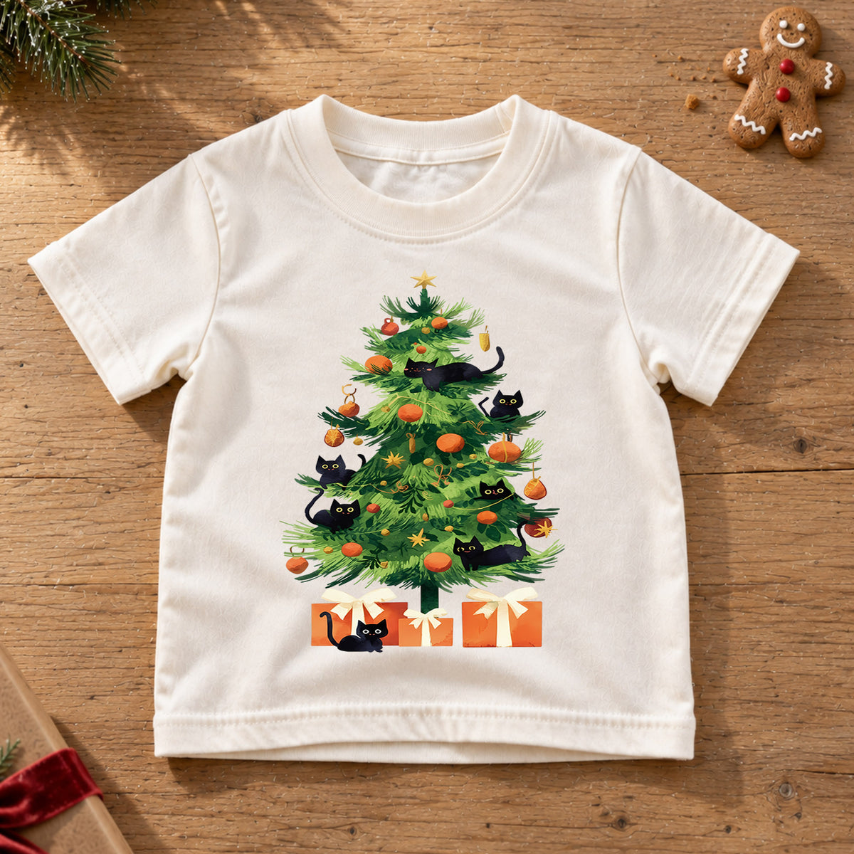 Black Cat Christmas Tree Shirt, Cute Kitty Holiday Tee, Festive Feline Xmas Kids Outfit, Winter Holiday Top, Gift For Cat Lovers Kids Tee — product view 6