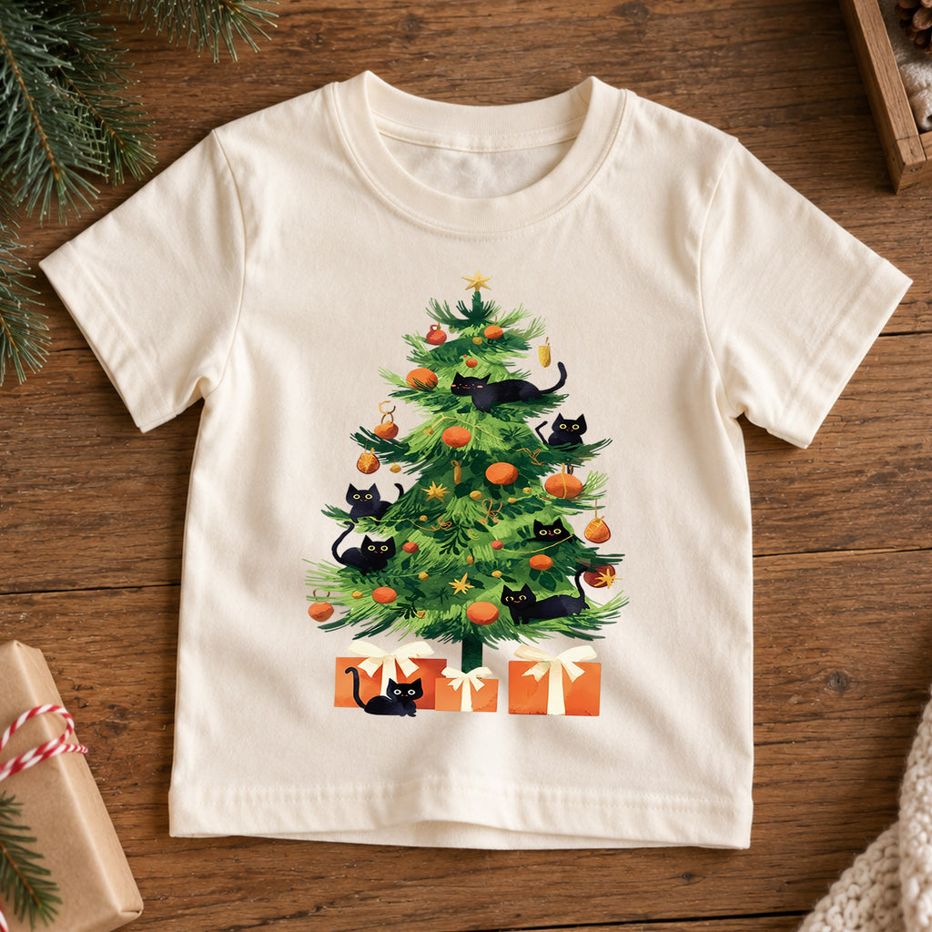 Black Cat Christmas Tree Shirt, Cute Kitty Holiday Tee, Festive Feline Xmas Kids Outfit, Winter Holiday Top, Gift For Cat Lovers Kids Tee — product view 7