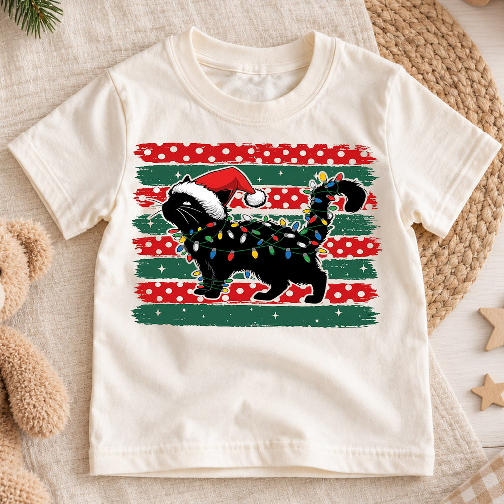 Cute Black Cat Christmas Shirt, Santa Hat Kitty Holiday Tee, Festive Lights Xmas Kids Top, Winter Cat Lover Gift Holiday Gift for Boys Girls — product view 1