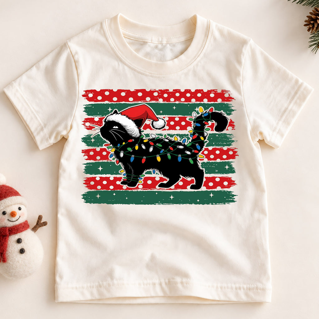 Cute Black Cat Christmas Shirt, Santa Hat Kitty Holiday Tee, Festive Lights Xmas Kids Top, Winter Cat Lover Gift Holiday Gift for Boys Girls — product view 2