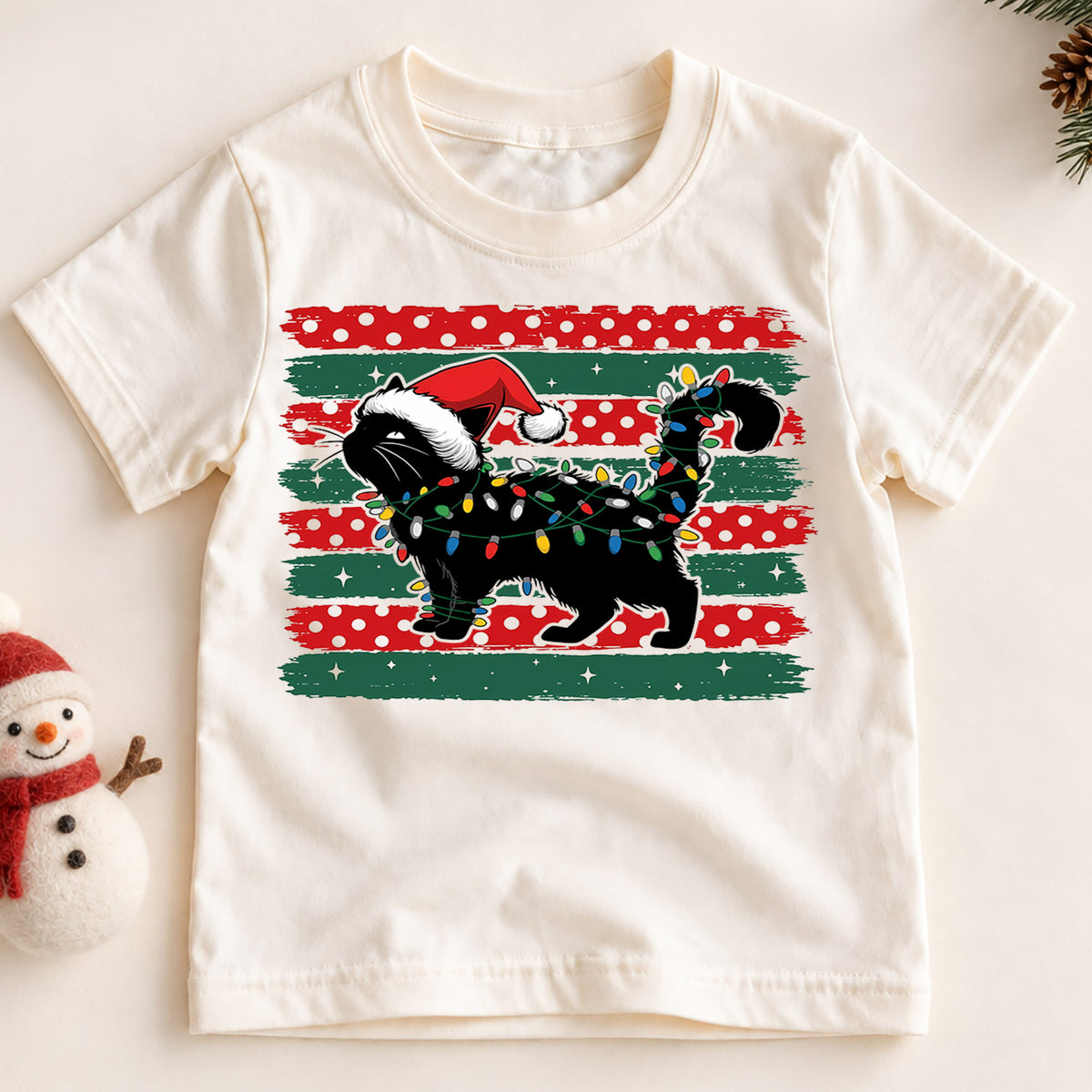 Cute Black Cat Christmas Shirt, Santa Hat Kitty Holiday Tee, Festive Lights Xmas Kids Top, Winter Cat Lover Gift Holiday Gift for Boys Girls — product view 2