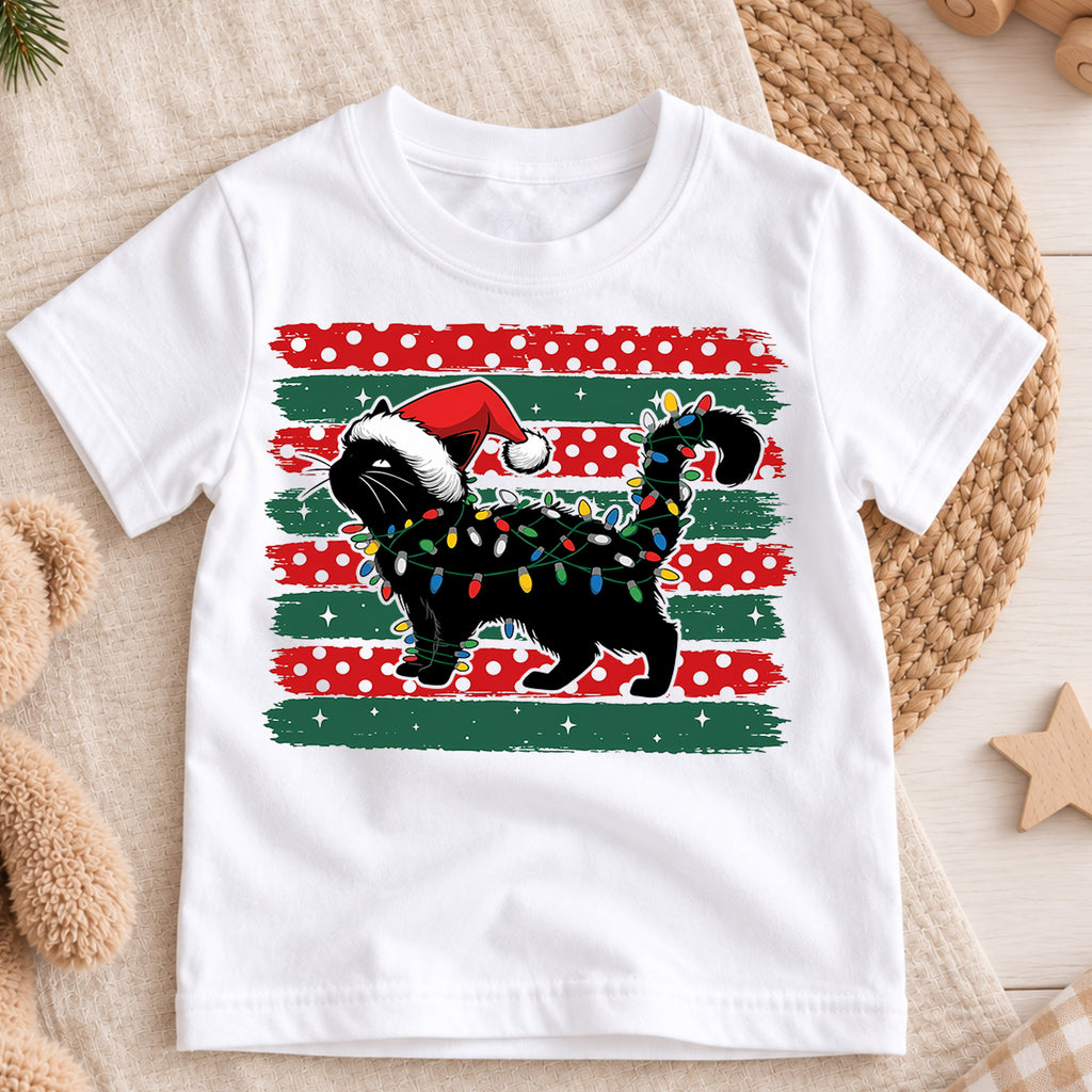 Cute Black Cat Christmas Shirt, Santa Hat Kitty Holiday Tee, Festive Lights Xmas Kids Top, Winter Cat Lover Gift Holiday Gift for Boys Girls — product view 3
