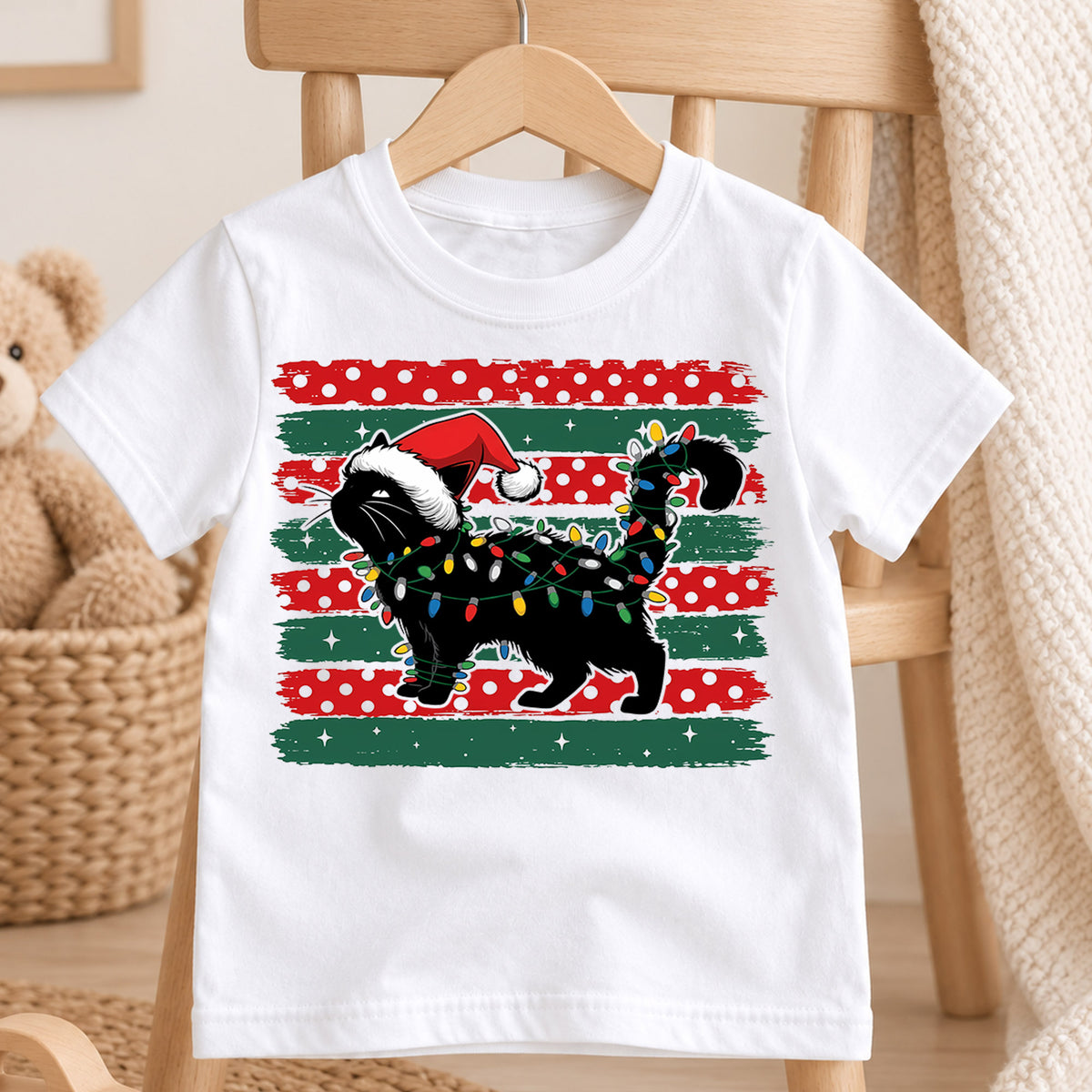 Cute Black Cat Christmas Shirt, Santa Hat Kitty Holiday Tee, Festive Lights Xmas Kids Top, Winter Cat Lover Gift Holiday Gift for Boys Girls — product view 4