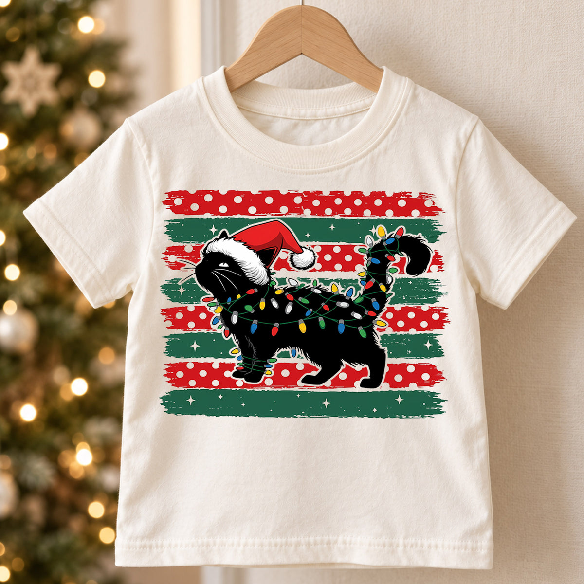 Cute Black Cat Christmas Shirt, Santa Hat Kitty Holiday Tee, Festive Lights Xmas Kids Top, Winter Cat Lover Gift Holiday Gift for Boys Girls — product view 5
