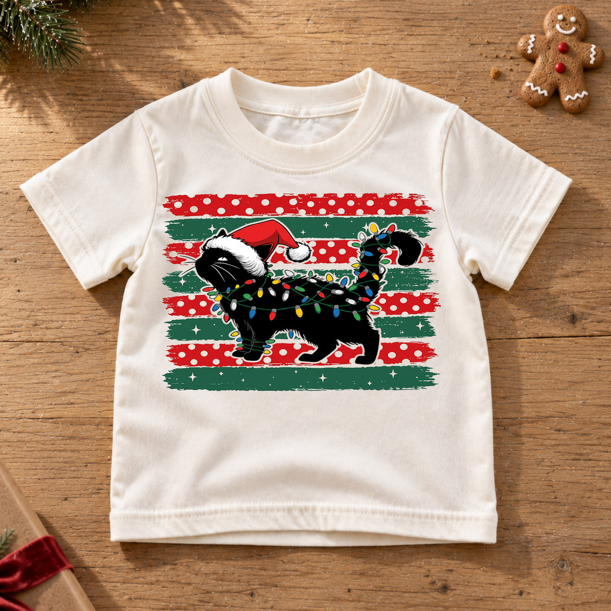 Cute Black Cat Christmas Shirt, Santa Hat Kitty Holiday Tee, Festive Lights Xmas Kids Top, Winter Cat Lover Gift Holiday Gift for Boys Girls — product view 6