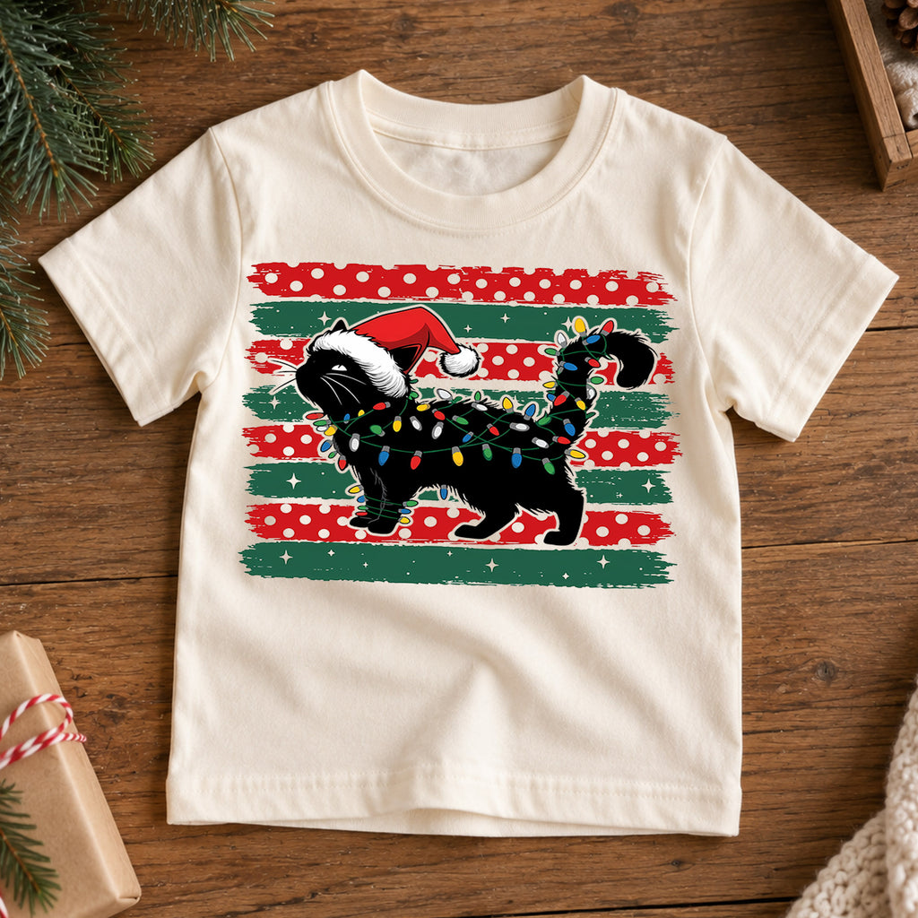 Cute Black Cat Christmas Shirt, Santa Hat Kitty Holiday Tee, Festive Lights Xmas Kids Top, Winter Cat Lover Gift Holiday Gift for Boys Girls — product view 7