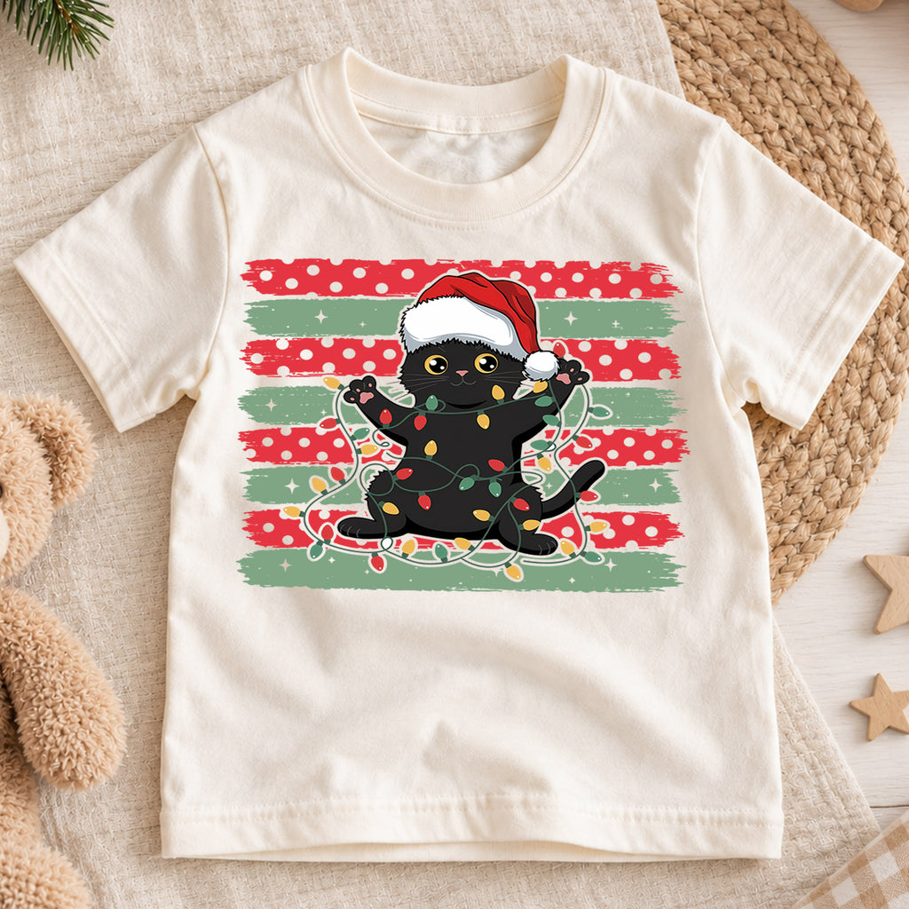 Playful Black Cat Christmas Shirt, Santa Hat Kitten Holiday Tee, Festive Lights Xmas Outfit, Cat Lover Kids Gift Holiday Gift for Boys Girls — product view 1