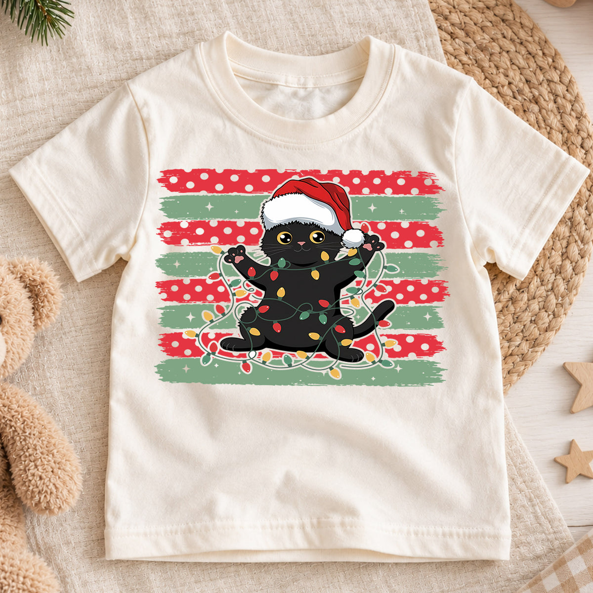 Playful Black Cat Christmas Shirt, Santa Hat Kitten Holiday Tee, Festive Lights Xmas Outfit, Cat Lover Kids Gift Holiday Gift for Boys Girls — product view 1