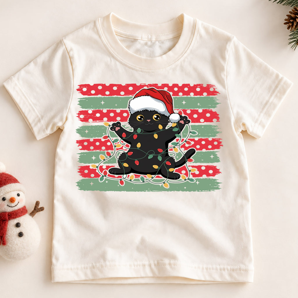 Playful Black Cat Christmas Shirt, Santa Hat Kitten Holiday Tee, Festive Lights Xmas Outfit, Cat Lover Kids Gift Holiday Gift for Boys Girls — product view 2