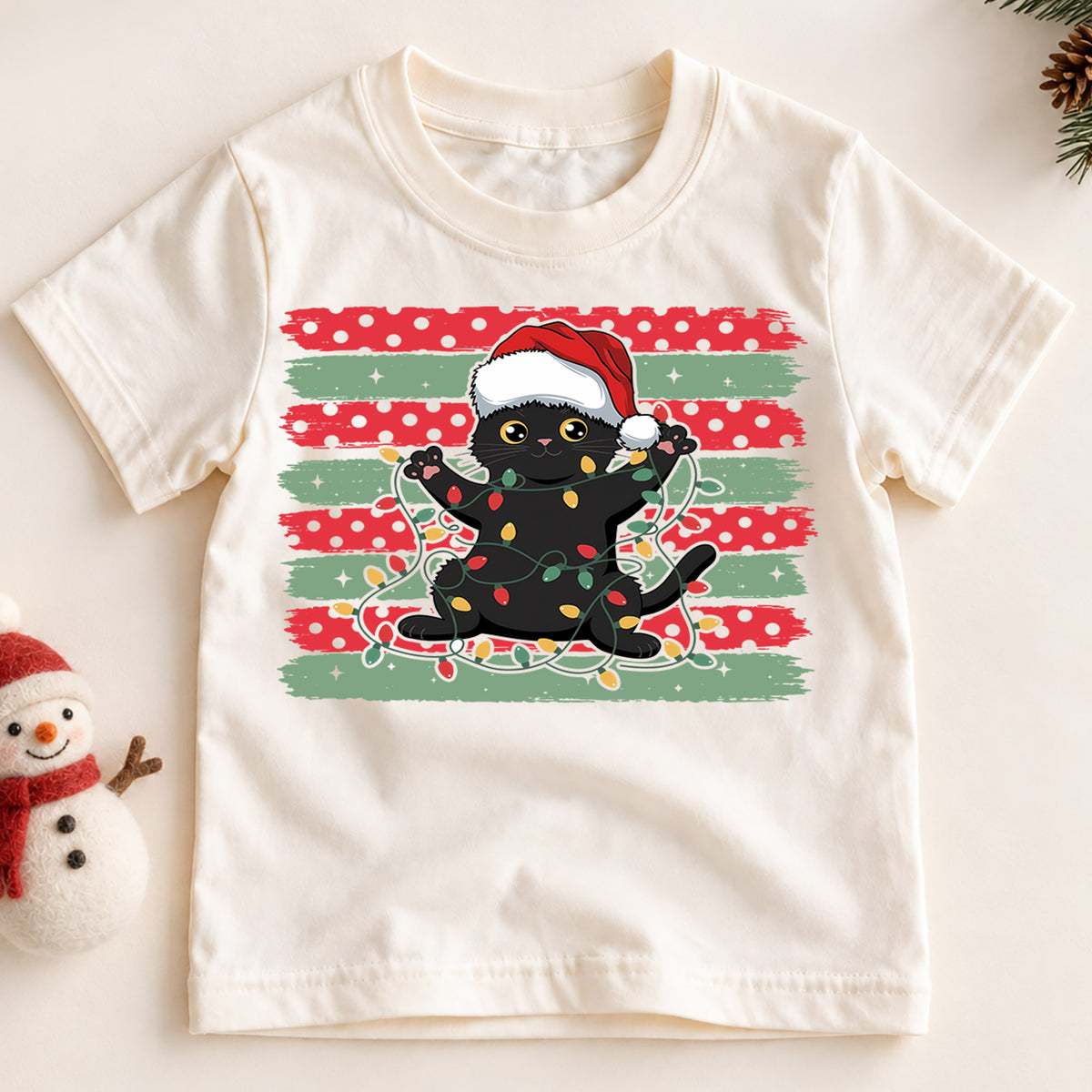 Playful Black Cat Christmas Shirt, Santa Hat Kitten Holiday Tee, Festive Lights Xmas Outfit, Cat Lover Kids Gift Holiday Gift for Boys Girls — product view 2