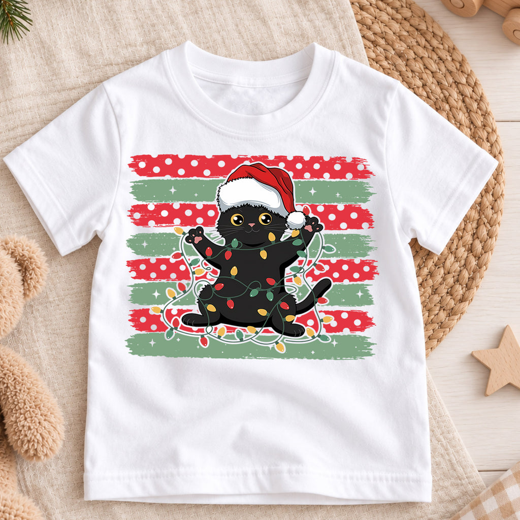Playful Black Cat Christmas Shirt, Santa Hat Kitten Holiday Tee, Festive Lights Xmas Outfit, Cat Lover Kids Gift Holiday Gift for Boys Girls — product view 3