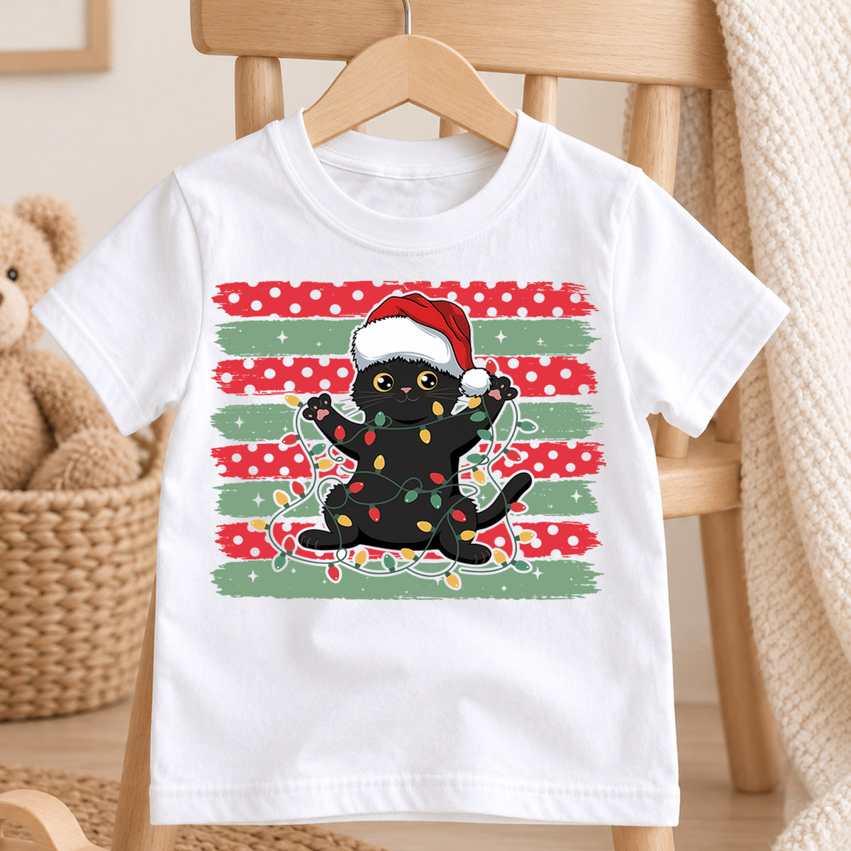 Playful Black Cat Christmas Shirt, Santa Hat Kitten Holiday Tee, Festive Lights Xmas Outfit, Cat Lover Kids Gift Holiday Gift for Boys Girls — product view 4