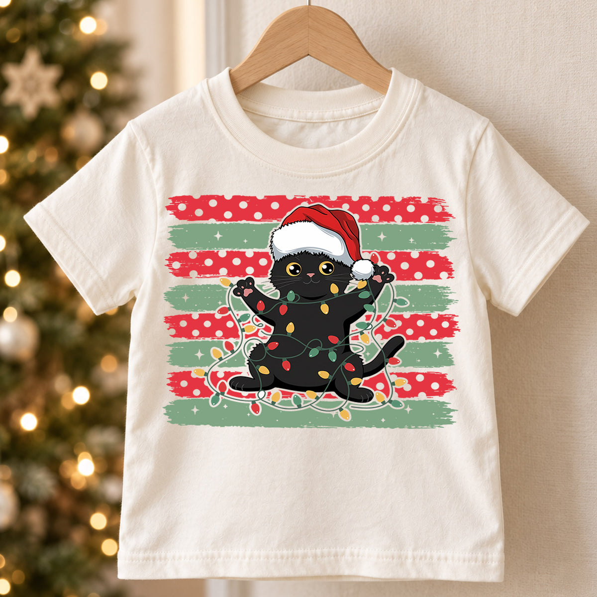 Playful Black Cat Christmas Shirt, Santa Hat Kitten Holiday Tee, Festive Lights Xmas Outfit, Cat Lover Kids Gift Holiday Gift for Boys Girls — product view 5