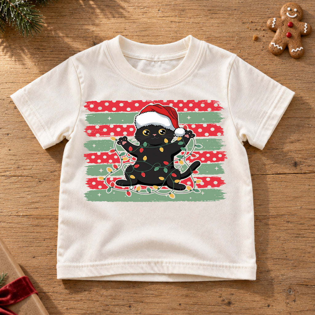Playful Black Cat Christmas Shirt, Santa Hat Kitten Holiday Tee, Festive Lights Xmas Outfit, Cat Lover Kids Gift Holiday Gift for Boys Girls — product view 6