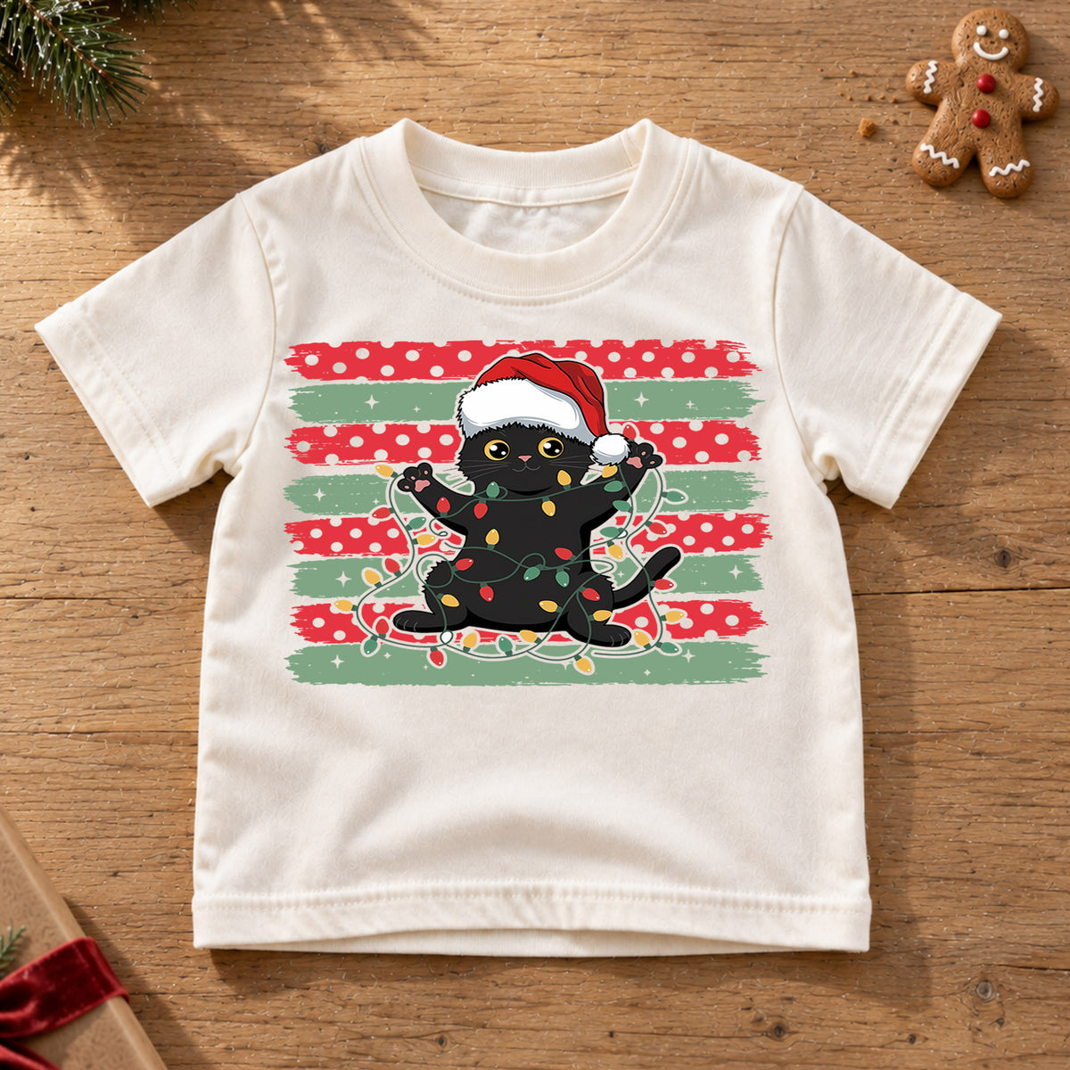 Playful Black Cat Christmas Shirt, Santa Hat Kitten Holiday Tee, Festive Lights Xmas Outfit, Cat Lover Kids Gift Holiday Gift for Boys Girls — product view 6