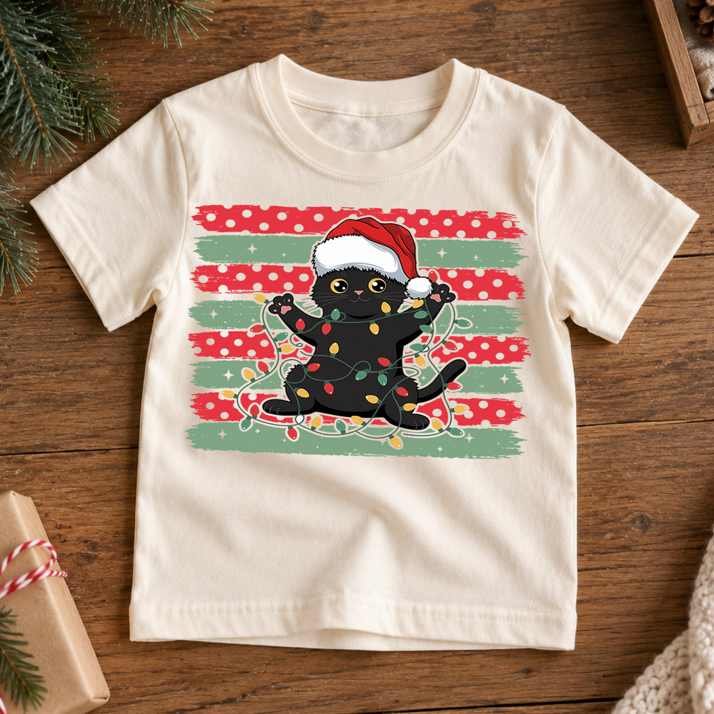 Playful Black Cat Christmas Shirt, Santa Hat Kitten Holiday Tee, Festive Lights Xmas Outfit, Cat Lover Kids Gift Holiday Gift for Boys Girls — product view 7
