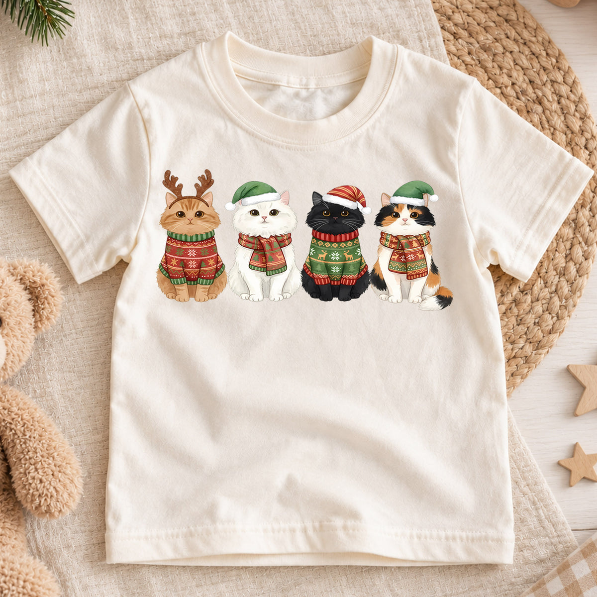 Cute Cats Christmas Sweaters Shirt, Holiday Kitties Toddler Tee, Festive Animals Winter Top, Kids Xmas Gift Idea Holiday Gift for Boys Girls — product view 1