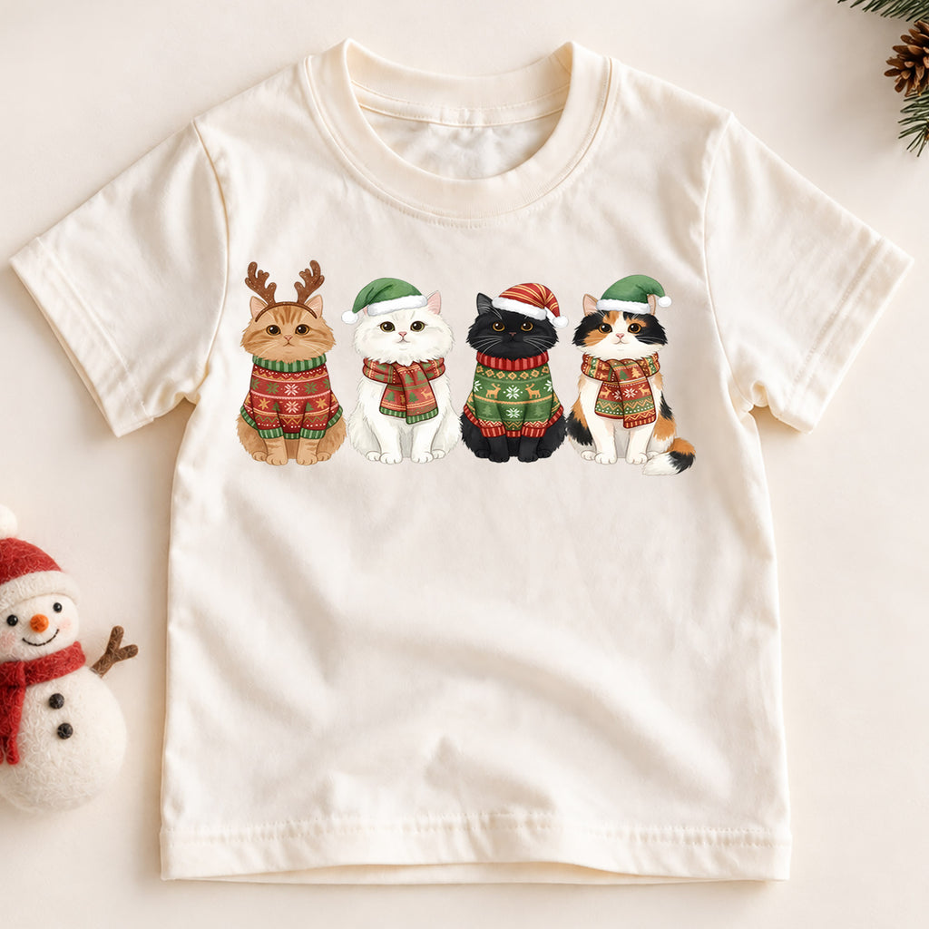 Cute Cats Christmas Sweaters Shirt, Holiday Kitties Toddler Tee, Festive Animals Winter Top, Kids Xmas Gift Idea Holiday Gift for Boys Girls — product view 2