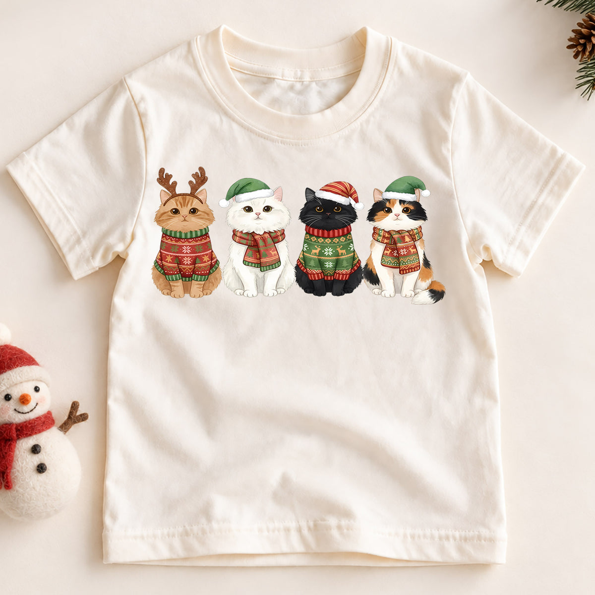 Cute Cats Christmas Sweaters Shirt, Holiday Kitties Toddler Tee, Festive Animals Winter Top, Kids Xmas Gift Idea Holiday Gift for Boys Girls — product view 2