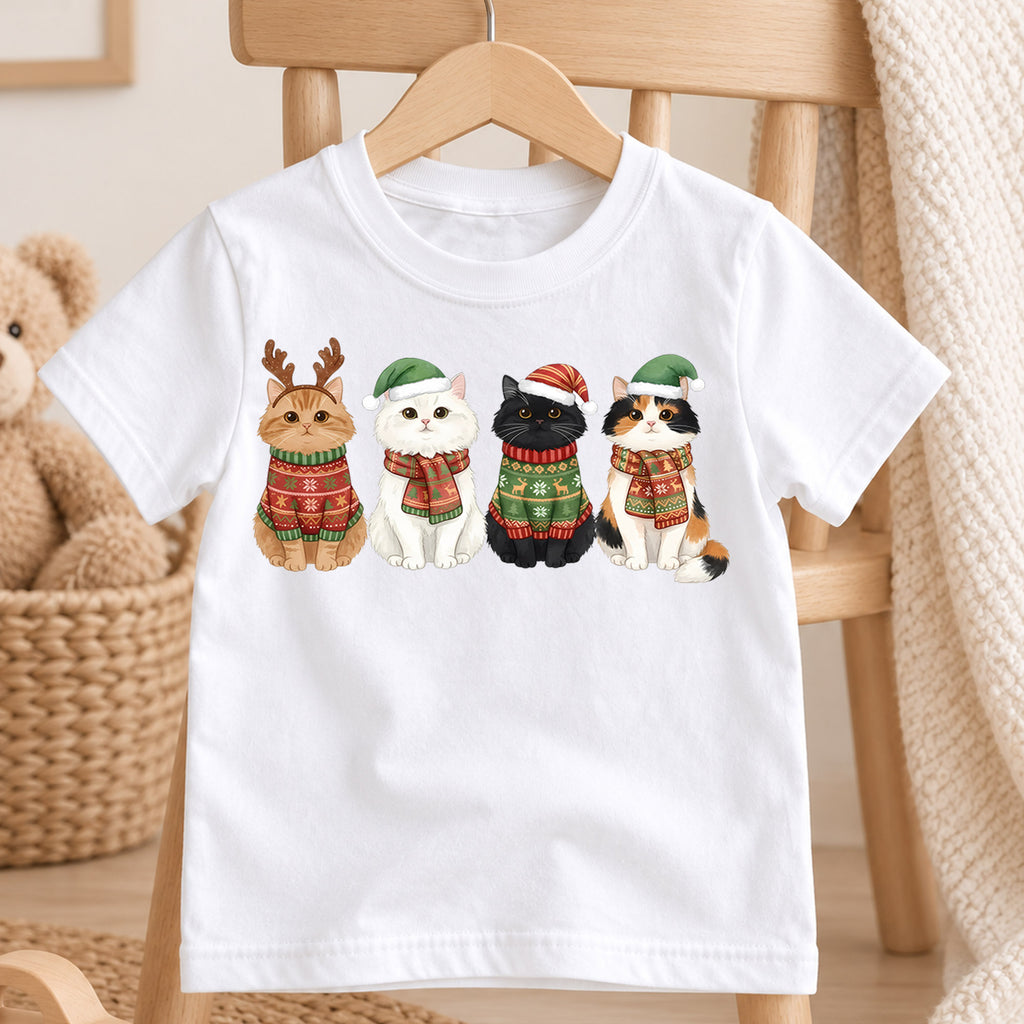 Cute Cats Christmas Sweaters Shirt, Holiday Kitties Toddler Tee, Festive Animals Winter Top, Kids Xmas Gift Idea Holiday Gift for Boys Girls — product view 4