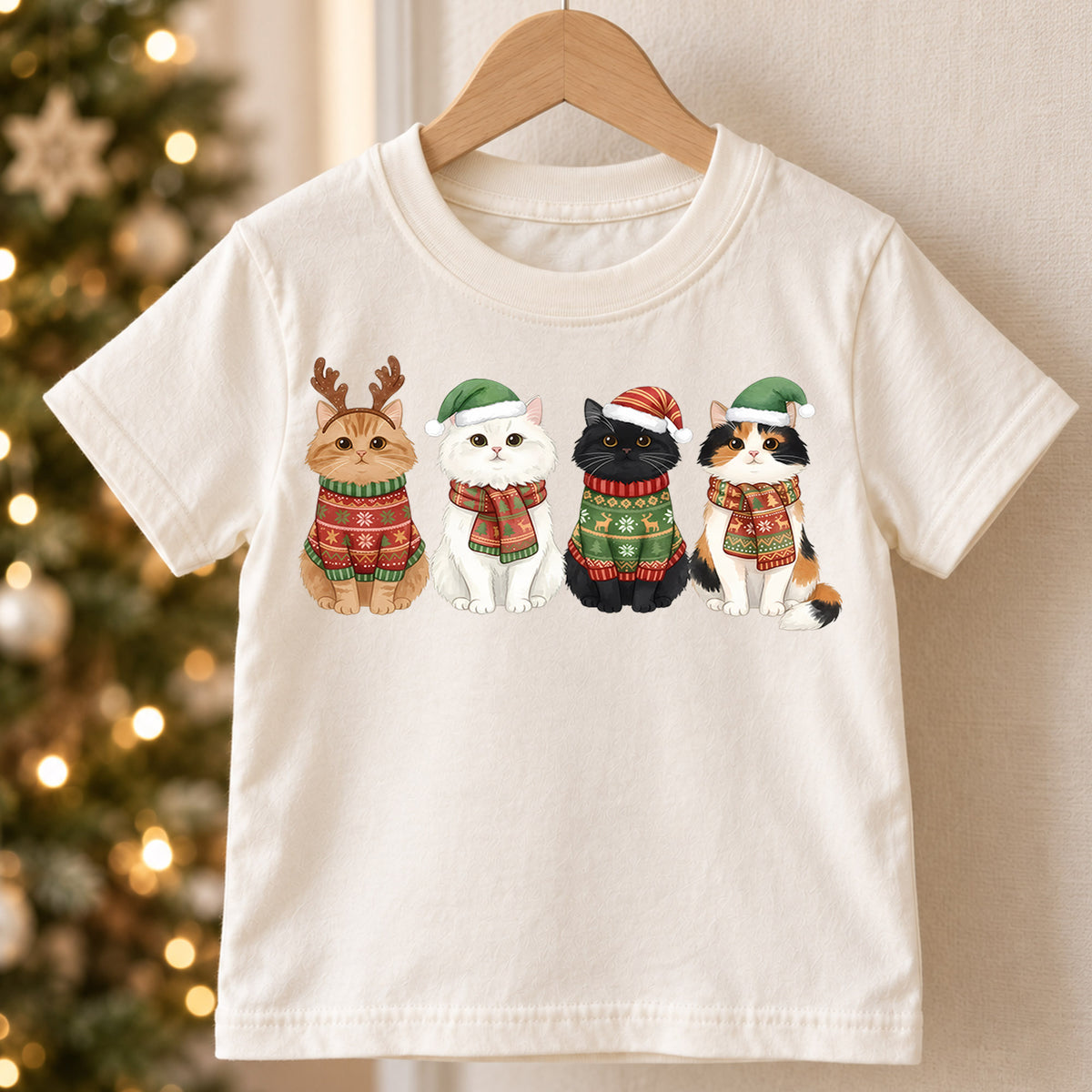 Cute Cats Christmas Sweaters Shirt, Holiday Kitties Toddler Tee, Festive Animals Winter Top, Kids Xmas Gift Idea Holiday Gift for Boys Girls — product view 5