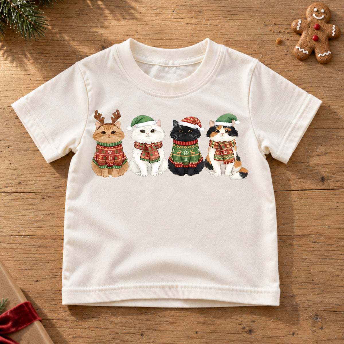 Cute Cats Christmas Sweaters Shirt, Holiday Kitties Toddler Tee, Festive Animals Winter Top, Kids Xmas Gift Idea Holiday Gift for Boys Girls — product view 6