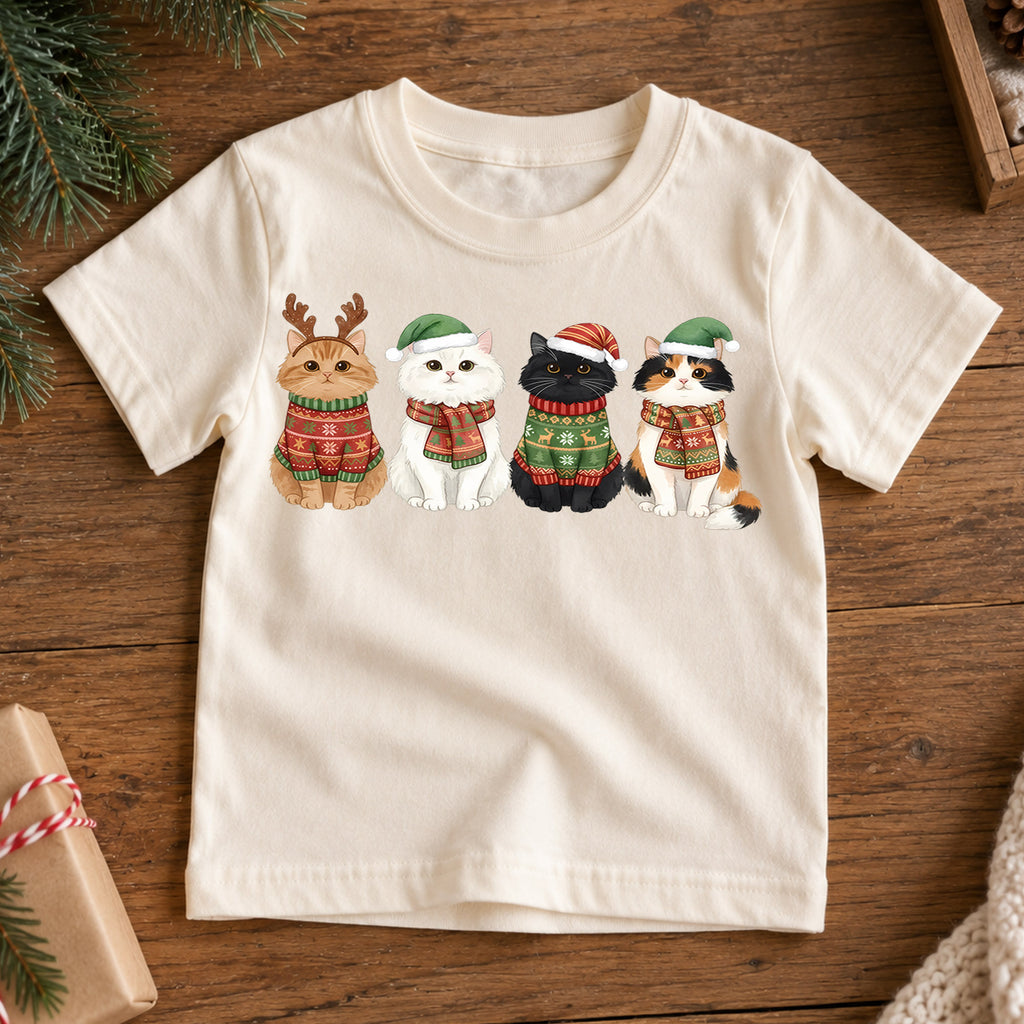 Cute Cats Christmas Sweaters Shirt, Holiday Kitties Toddler Tee, Festive Animals Winter Top, Kids Xmas Gift Idea Holiday Gift for Boys Girls — product view 7