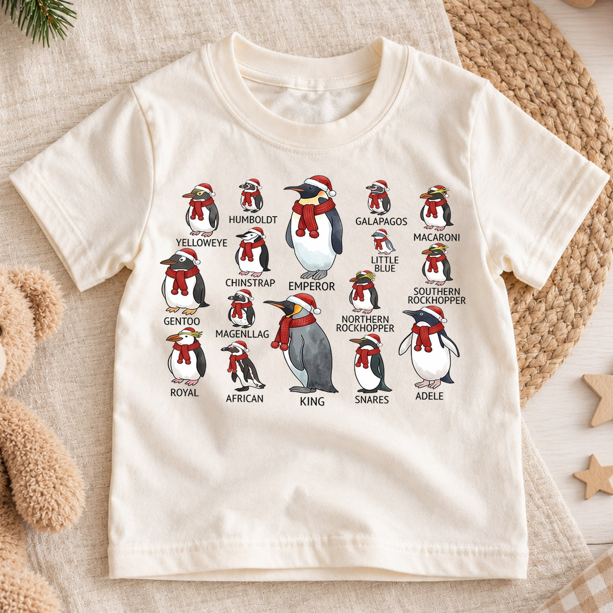 Cute Penguin Species Christmas Shirt, Educational Holiday Guide Tee, Festive Winter Animals Kids Top, Gift Holiday Outfit for Boys Girls — product view 1