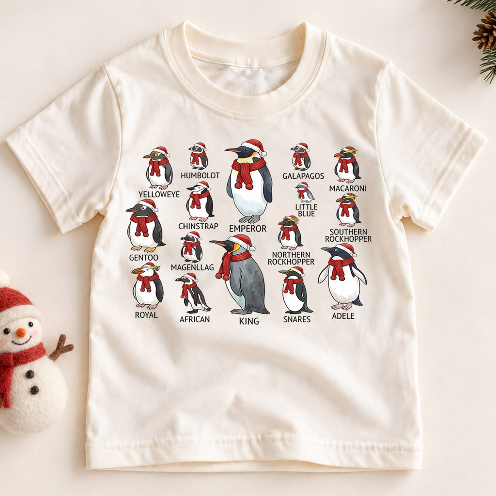 Cute Penguin Species Christmas Shirt, Educational Holiday Guide Tee, Festive Winter Animals Kids Top, Gift Holiday Outfit for Boys Girls — product view 2