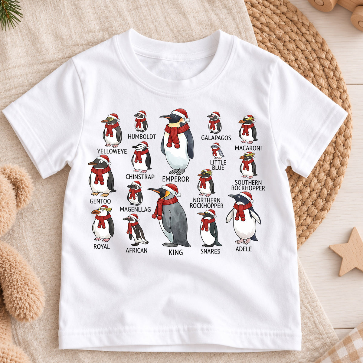 Cute Penguin Species Christmas Shirt, Educational Holiday Guide Tee, Festive Winter Animals Kids Top, Gift Holiday Outfit for Boys Girls — product view 3