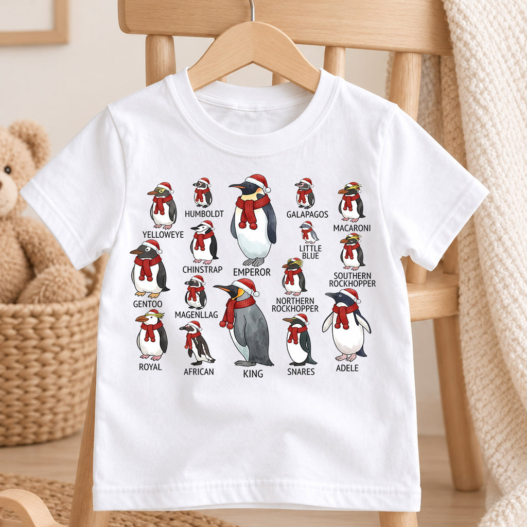 Cute Penguin Species Christmas Shirt, Educational Holiday Guide Tee, Festive Winter Animals Kids Top, Gift Holiday Outfit for Boys Girls — product view 4
