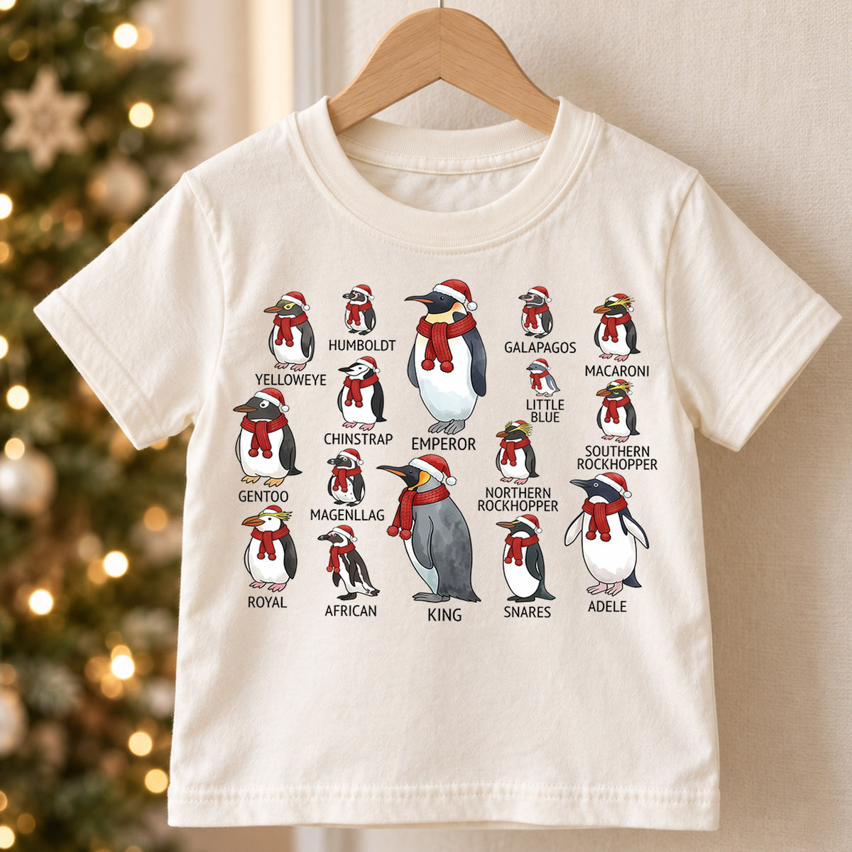 Cute Penguin Species Christmas Shirt, Educational Holiday Guide Tee, Festive Winter Animals Kids Top, Gift Holiday Outfit for Boys Girls — product view 5