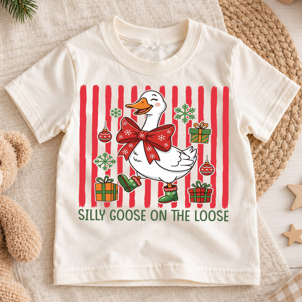 Silly Goose On The Loose Christmas Shirt, Funny Holiday Duck Tee, Festive Winter Animal Kids Outfit, Gift Holiday Outfit for Boys Girls — product view 1