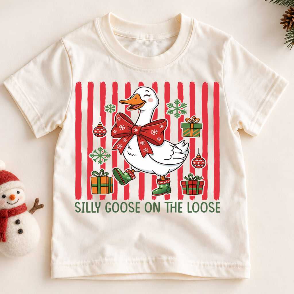 Silly Goose On The Loose Christmas Shirt, Funny Holiday Duck Tee, Festive Winter Animal Kids Outfit, Gift Holiday Outfit for Boys Girls — product view 2